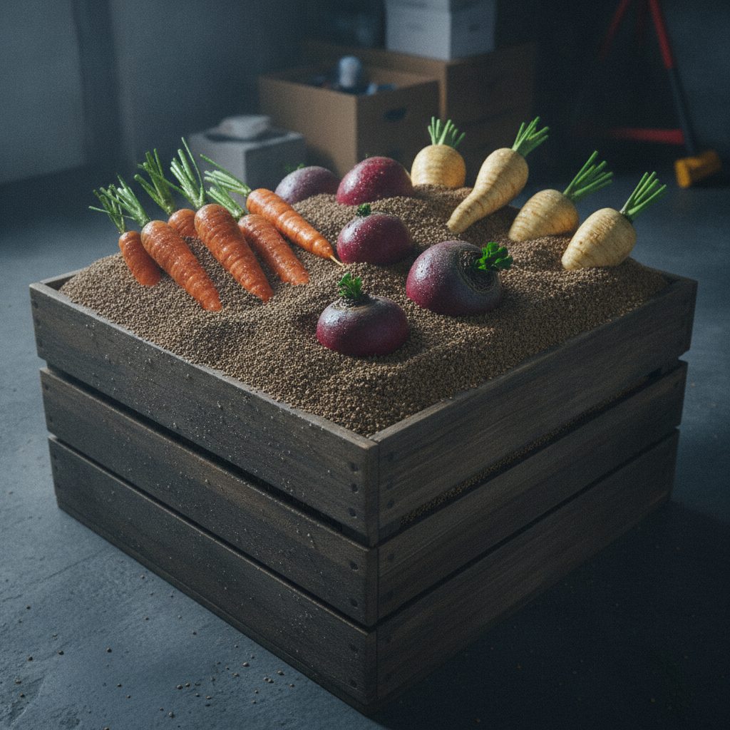 Wooden storage crate filled with damp sand and layers of carrots, beets, and parsnips in a cool basement in soft natural light.