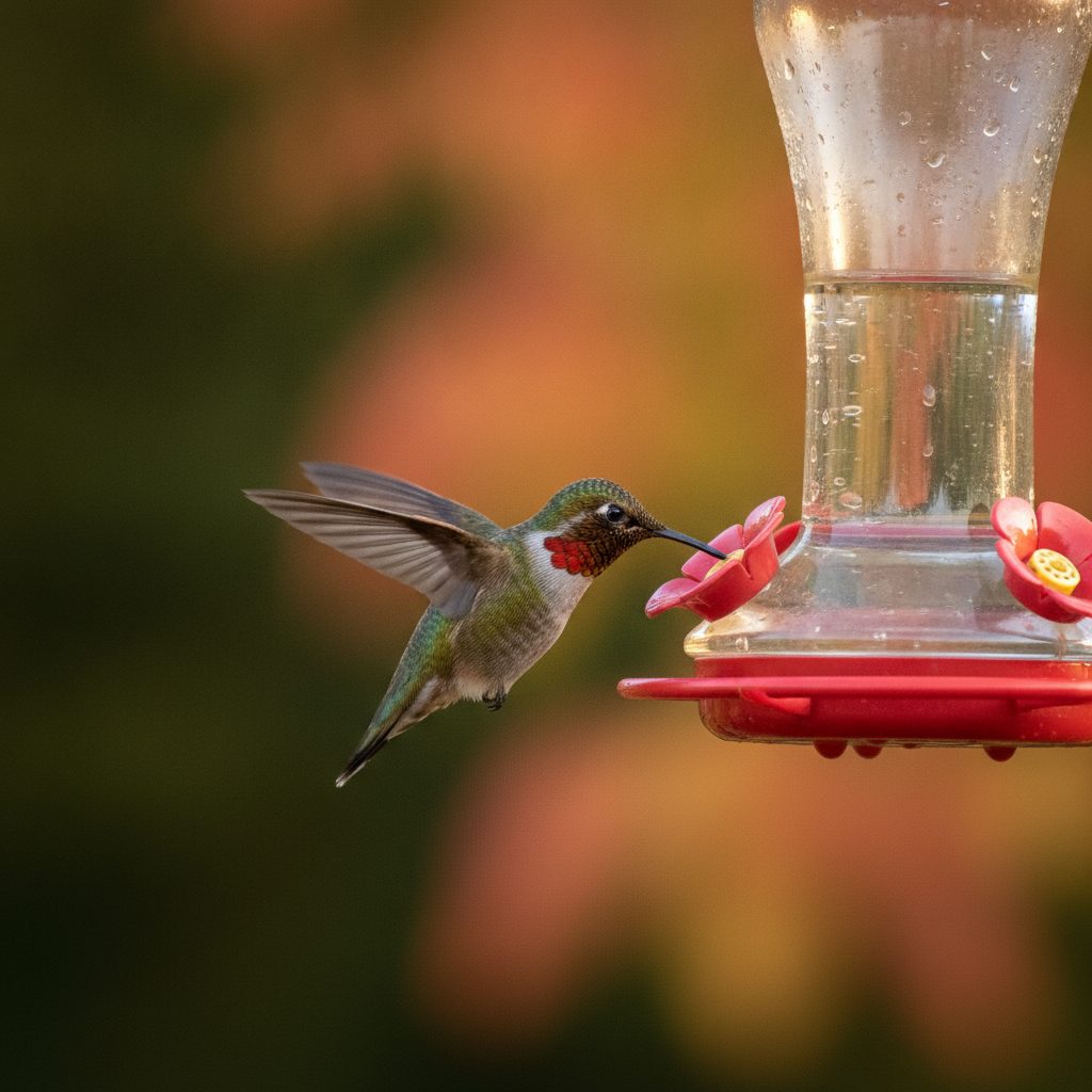 Ruby-throated hummingbird hovering at a glass hummingbird feeder in a backyard garden with autumn leaves in the background in late September afternoon light.
