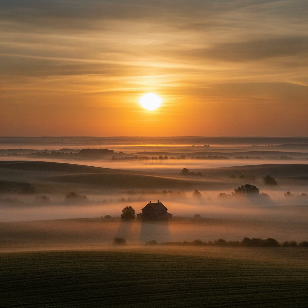 Vibrant orange and gold sunrise breaking over rolling rural North American fields with mist in the valley and a farmhouse silhouette in the foreground.