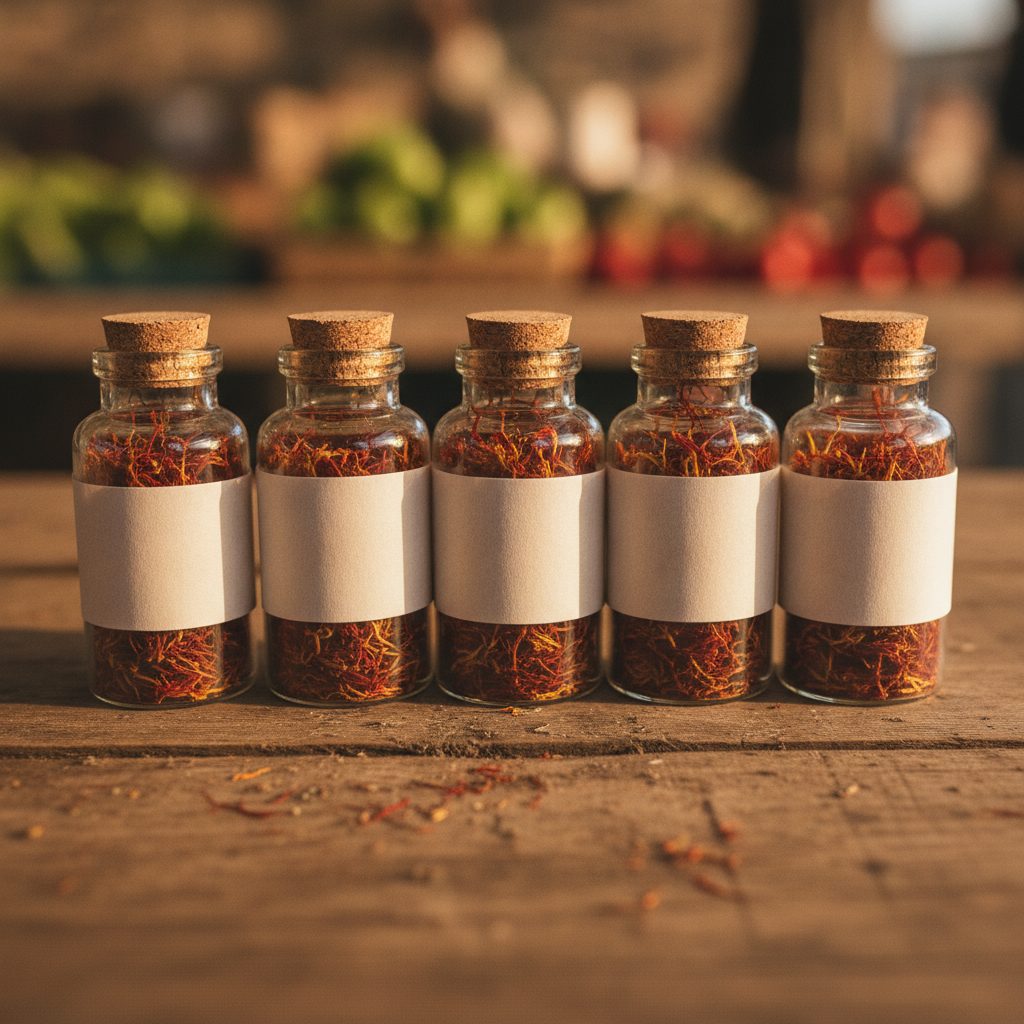 Row of small amber glass vials of dried saffron threads on a rustic farmers market wooden table ready to sell.