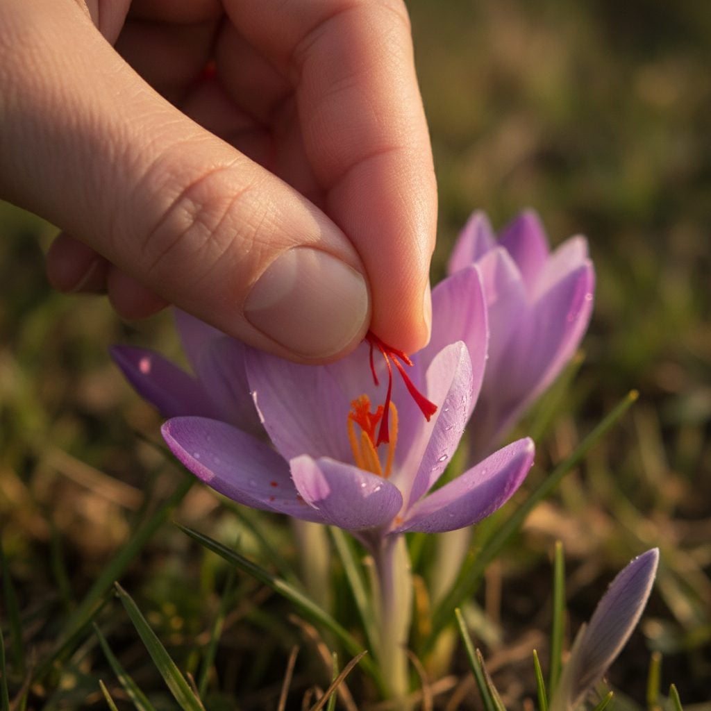 Hand plucking three bright crimson saffron threads from inside a purple Crocus sativus flower in an autumn home garden at sunrise.
