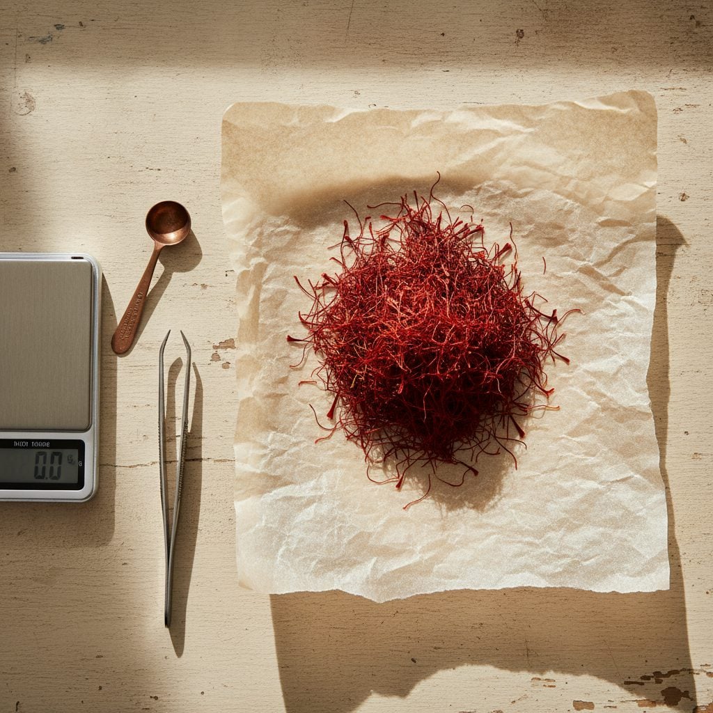 Dried crimson saffron threads weighed on a fine jeweler's balance on unbleached parchment with tweezers and a small measuring spoon.