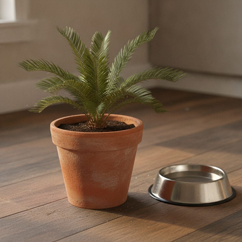 Small green sago palm in a terracotta pot beside a dog's bowl on a wooden kitchen floor in soft afternoon light.