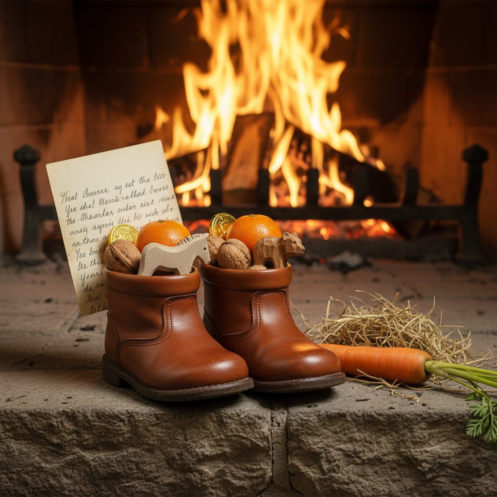 Children's leather shoes filled with clementines walnuts and chocolate coins on a stone hearth with hay and a carrot for Saint Nicholas Day