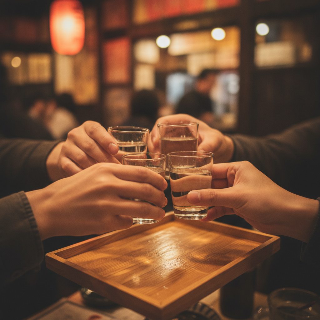 Four small glasses of clear sake raised in a kanpai toast on a wooden tray in a softly lit Japanese izakaya.