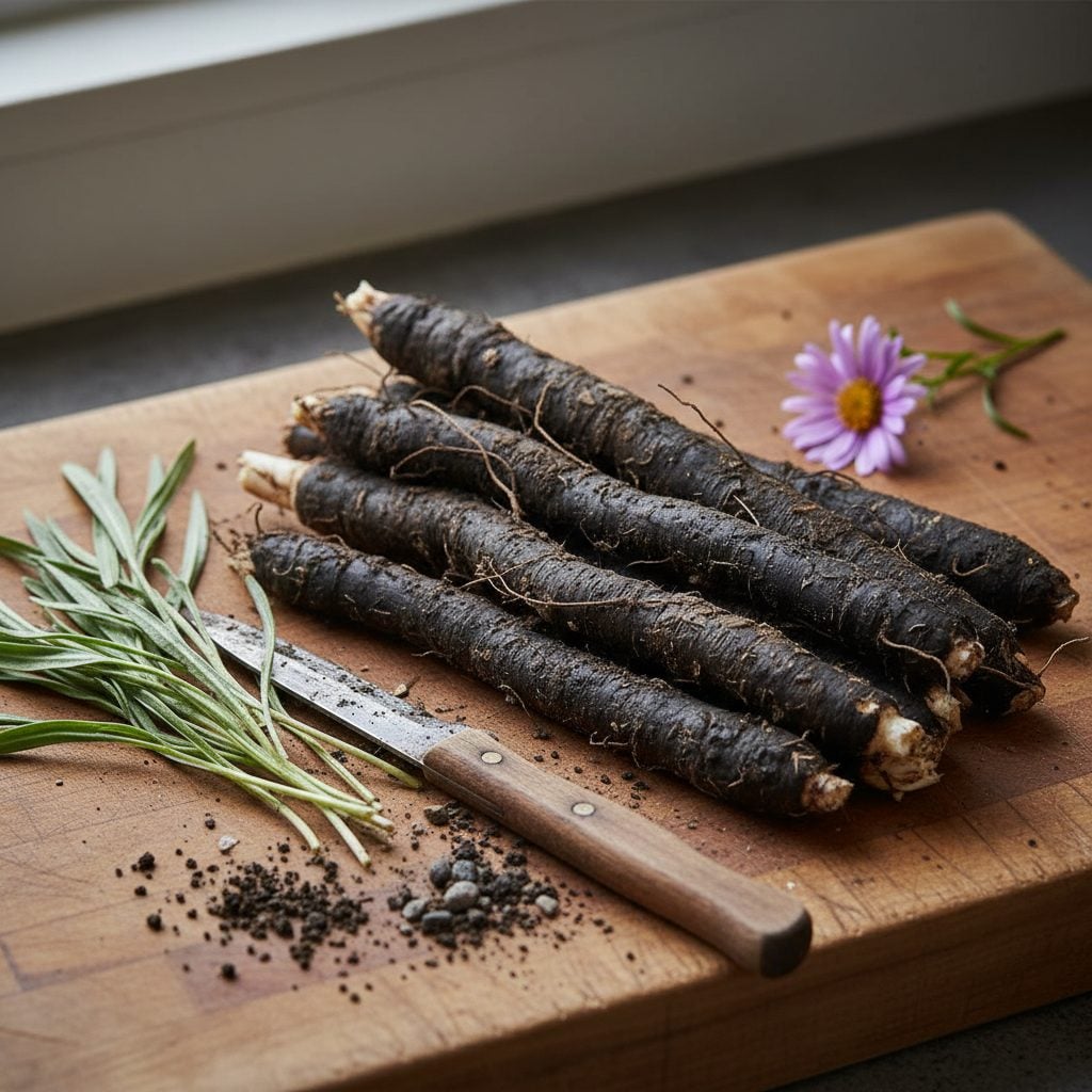 A bundle of fresh black salsify roots with green tops and a single purple salsify flower on a wooden cutting board with a small knife