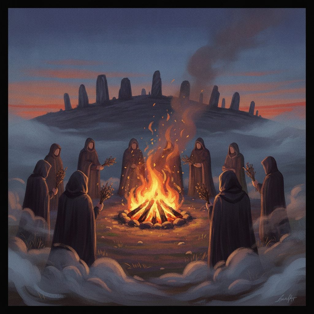 Painted scene of a Celtic Samhain bonfire on an Irish hilltop at twilight with herbs being added to the flames, the historical origin of Halloween protection herb folklore.