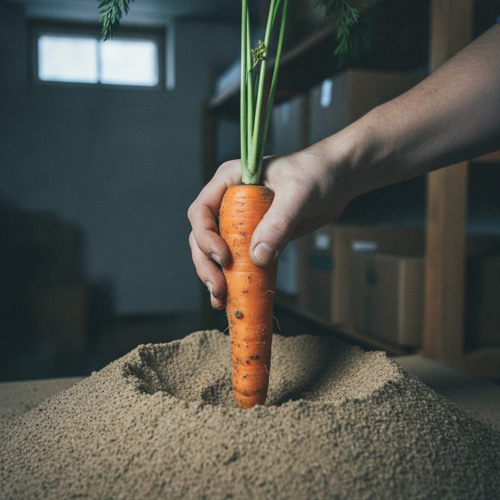 Hand pulling a fresh-looking carrot out of sand storage 4 months after the harvest in a basement in cool winter natural light.