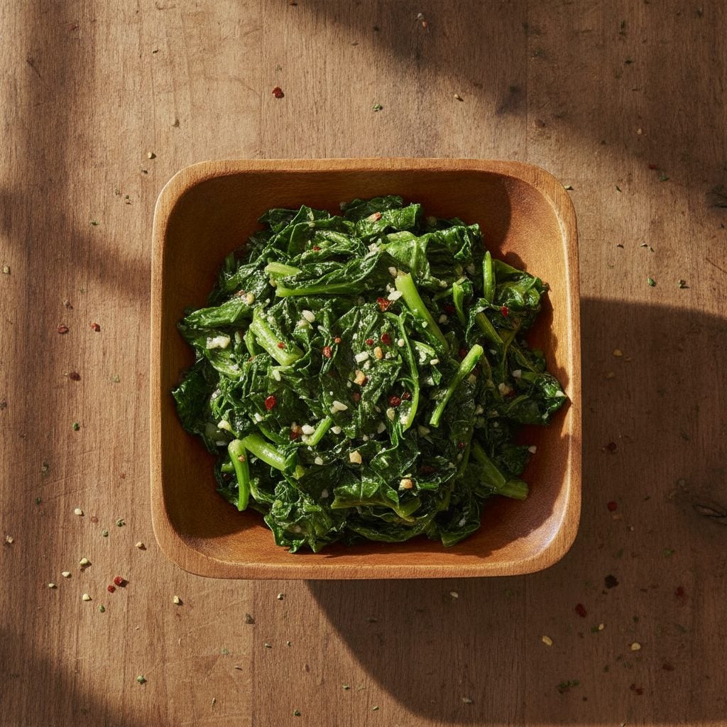 Wooden bowl of sauteed turnip greens with garlic and olive oil on a kitchen counter in warm afternoon light.