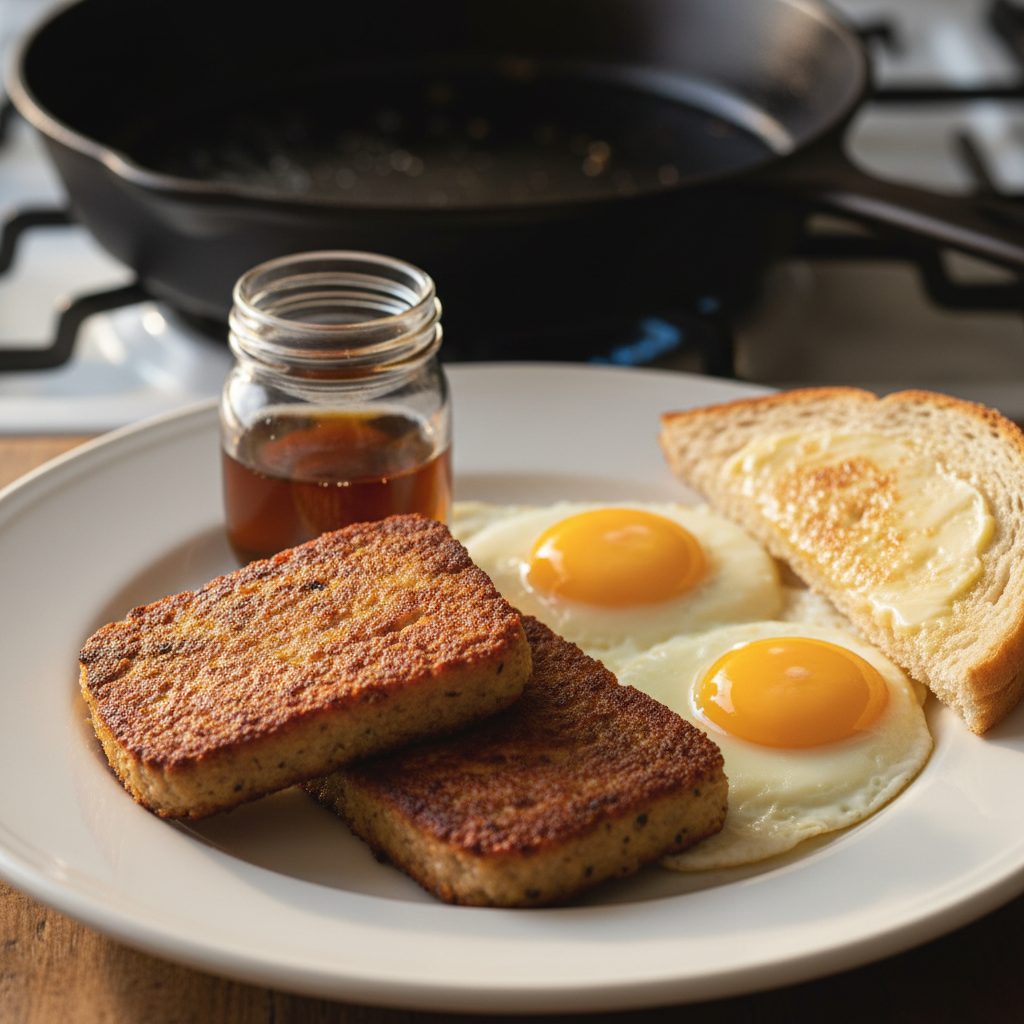 Two golden crispy slices of pan-fried scrapple on a white plate beside two sunny-side-up eggs, buttered toast, and a small jar of maple syrup