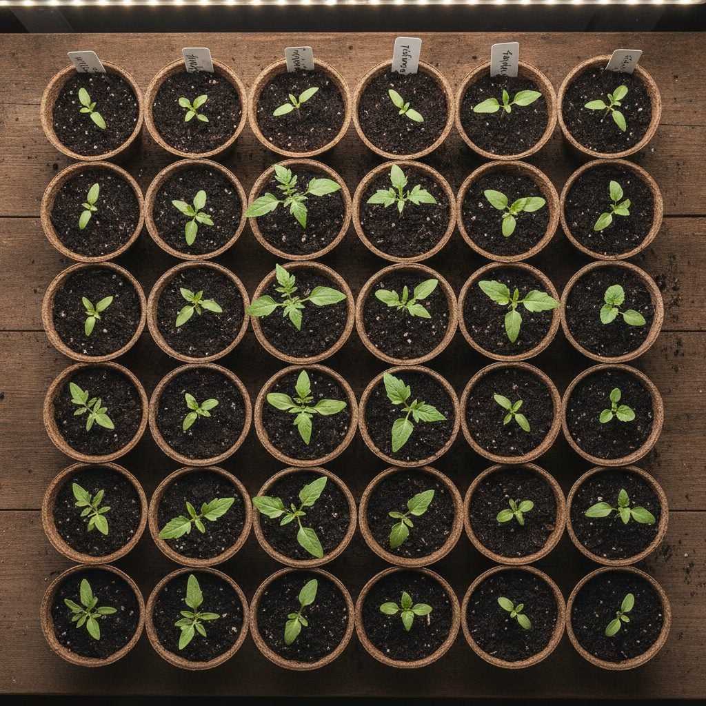 Wooden potting bench with rows of peat pots holding young tomato, pepper, and brassica seedlings under grow lights with hand-written labels.