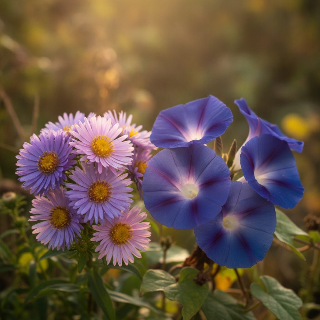 Purple and pink asters with yellow centers beside blue morning glory blooms, the September birth flower and its alternate