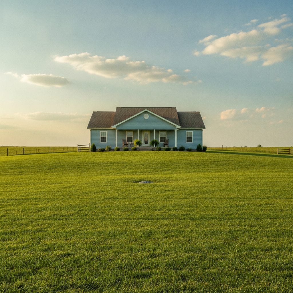 A rural home with a wide grassy yard over the septic drain field, showing a well-kept septic system landscape
