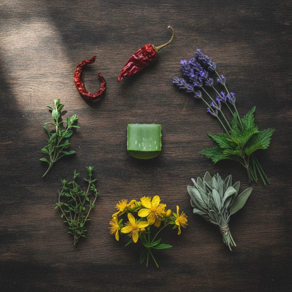 Overhead flat-lay of the seven Halloween protection herbs (aloe vera, cayenne pepper, lavender, nettles, sage, St John's wort, thyme) arranged on a dark wooden table.