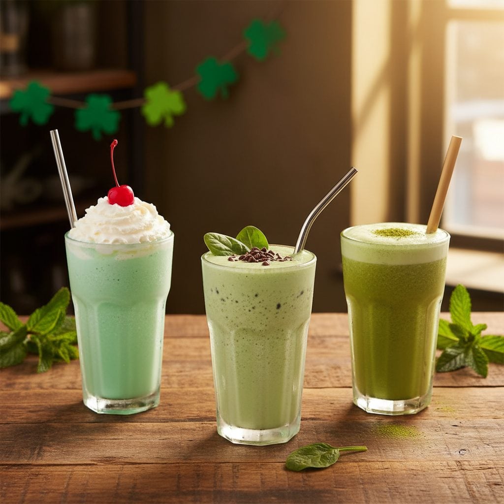 Three chilled milkshake glasses on a wooden bar: a bright mint-green shake with whipped cream and cherry, a paler spinach smoothie with cacao nibs, and a matcha shake