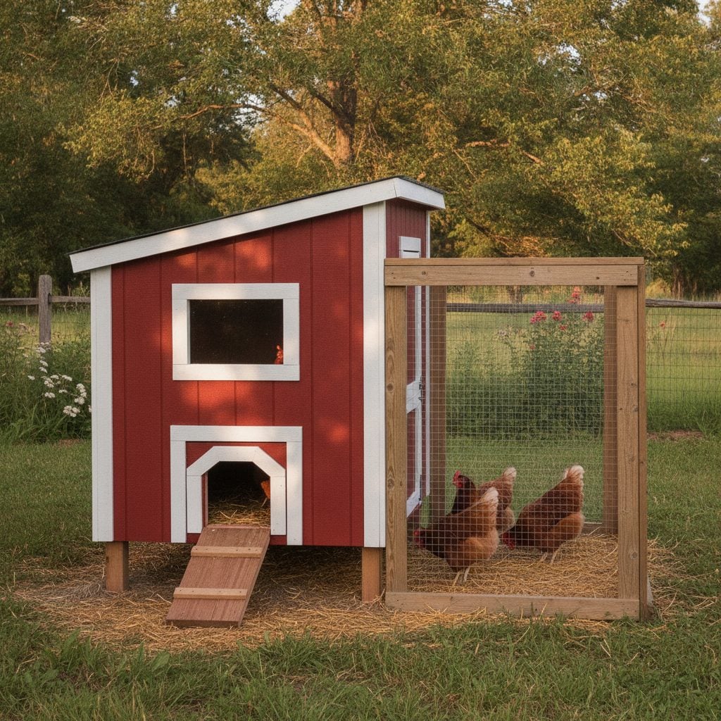 Backyard chicken coop converted from a small wooden shed painted red with white trim, a small chicken door, and a fenced run with brown hens.
