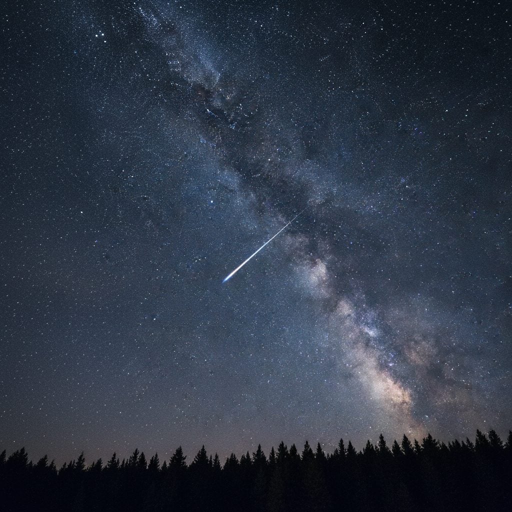 Bright shooting star streaking across a deep starry navy sky over a silhouetted pine forest with the Milky Way visible.