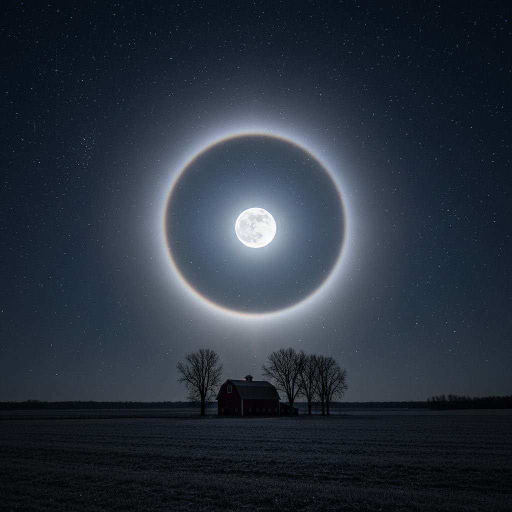 Moon with a 22-degree lunar halo over a quiet farm, a classic sky sign of rain in nature within 24 hours.