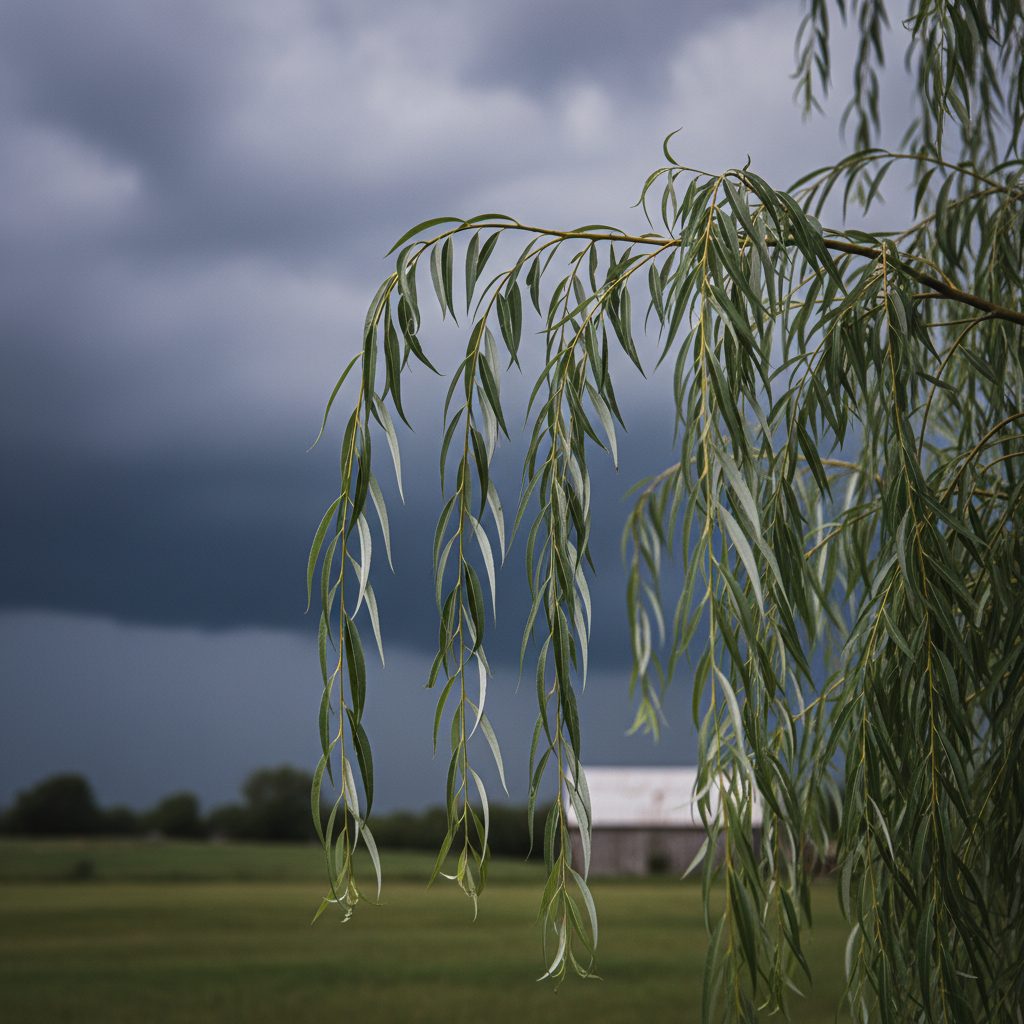 Weeping willow leaves twisted silver-side up against gathering storm clouds, one of the most reliable signs of rain in nature.