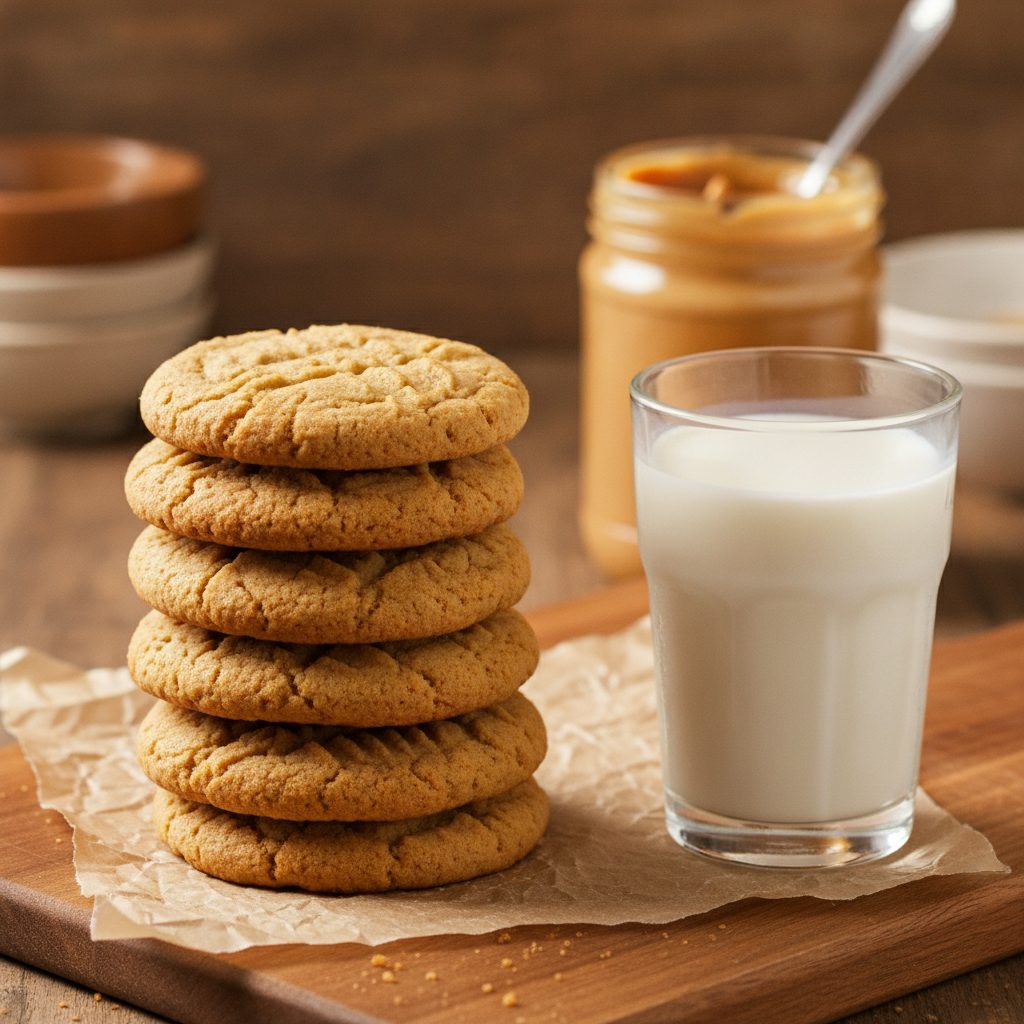 Three-ingredient peanut butter cookies with fork crosshatch pattern stacked beside cold milk and peanut butter