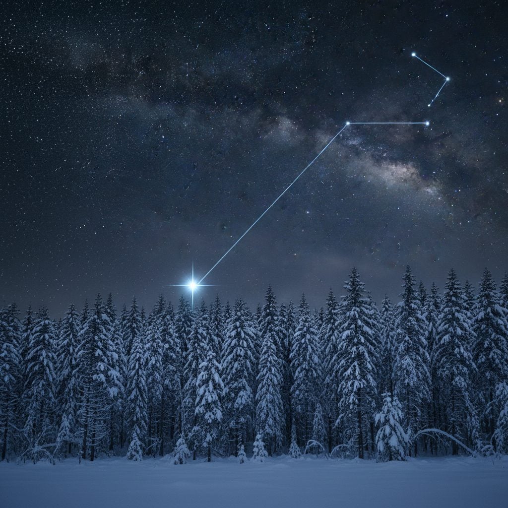 A clear winter night sky with Orion at upper right and a diagonal line through Orion's Belt pointing down-left to brilliant white-blue Sirius above a snowy pine forest