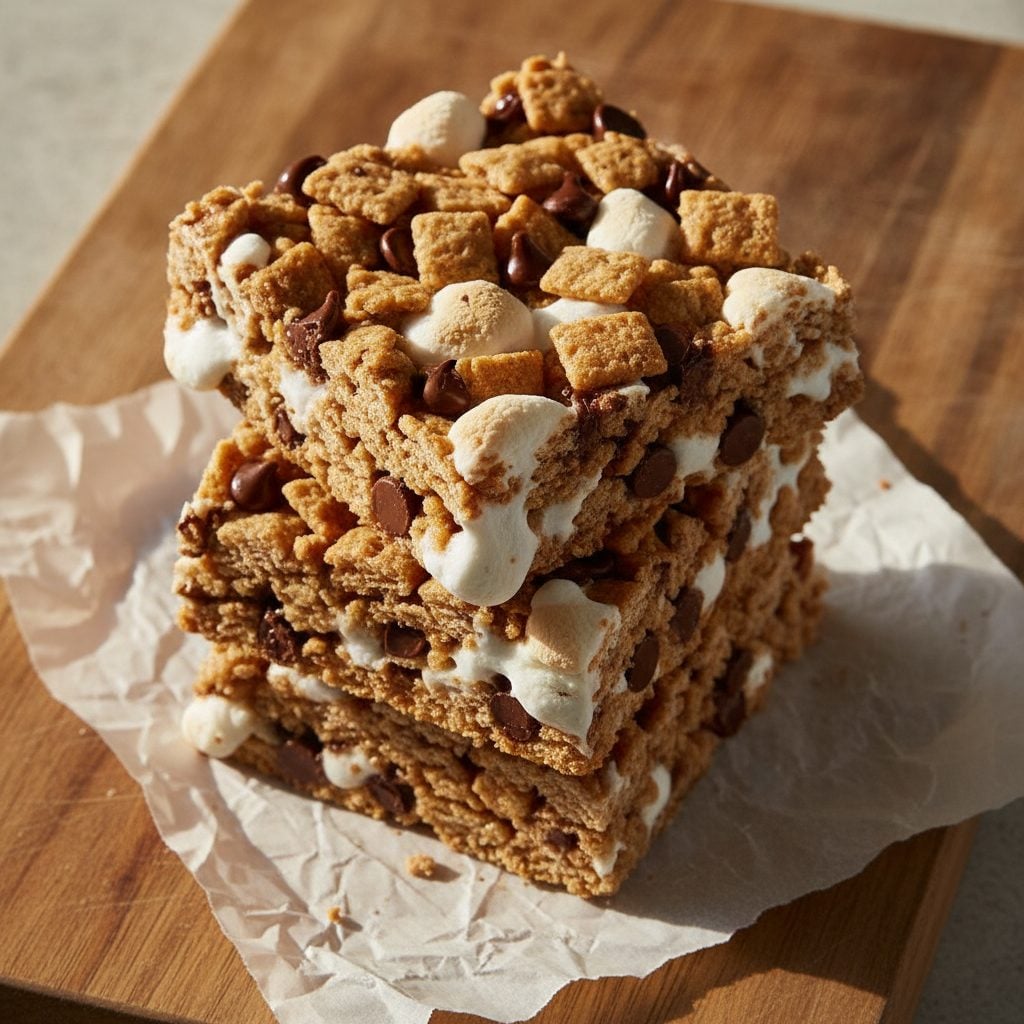 Stacked s'mores cereal bars with chocolate chips and gooey marshmallows visible