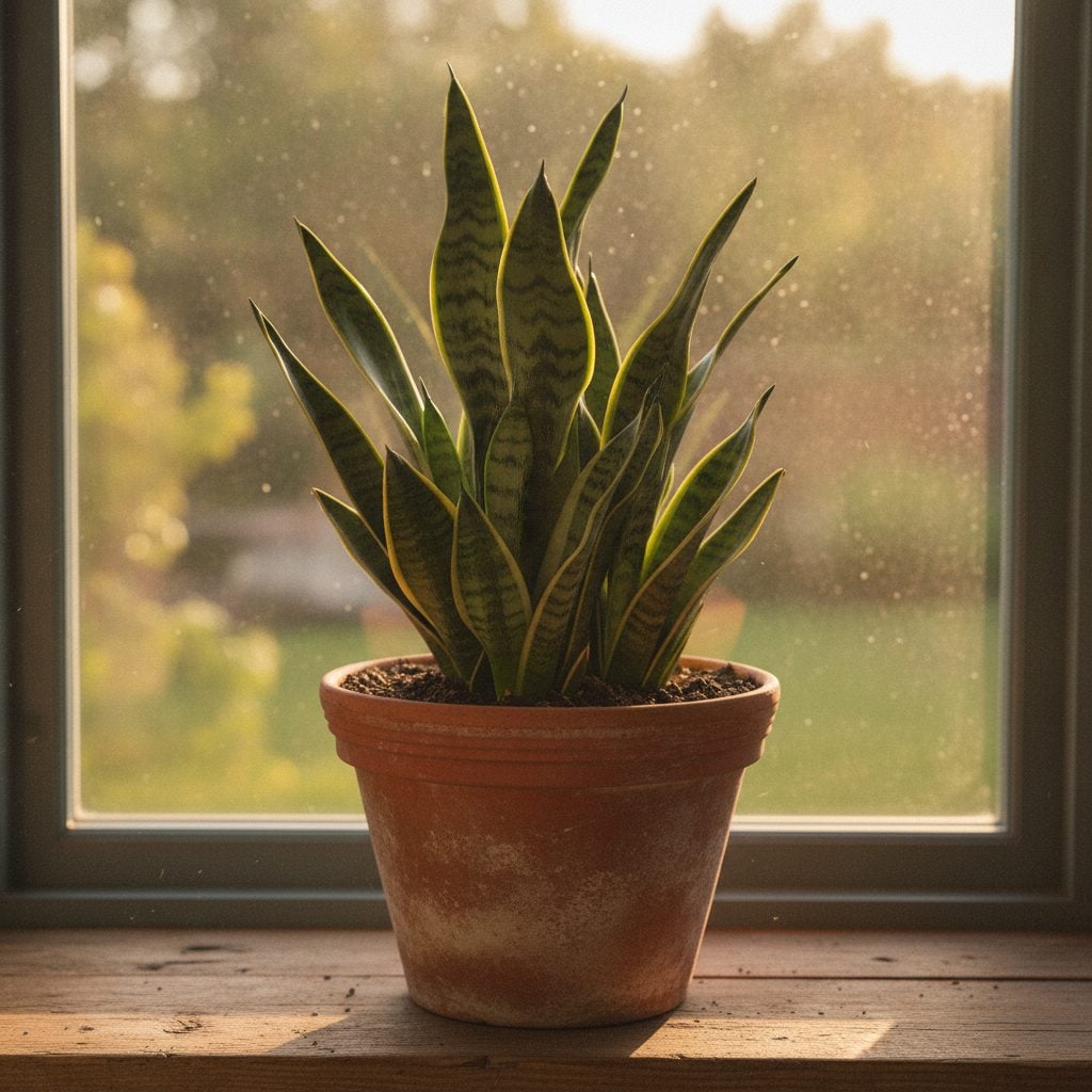 Healthy snake plant (Sansevieria) in a terracotta pot beside a sunny window in soft afternoon light.