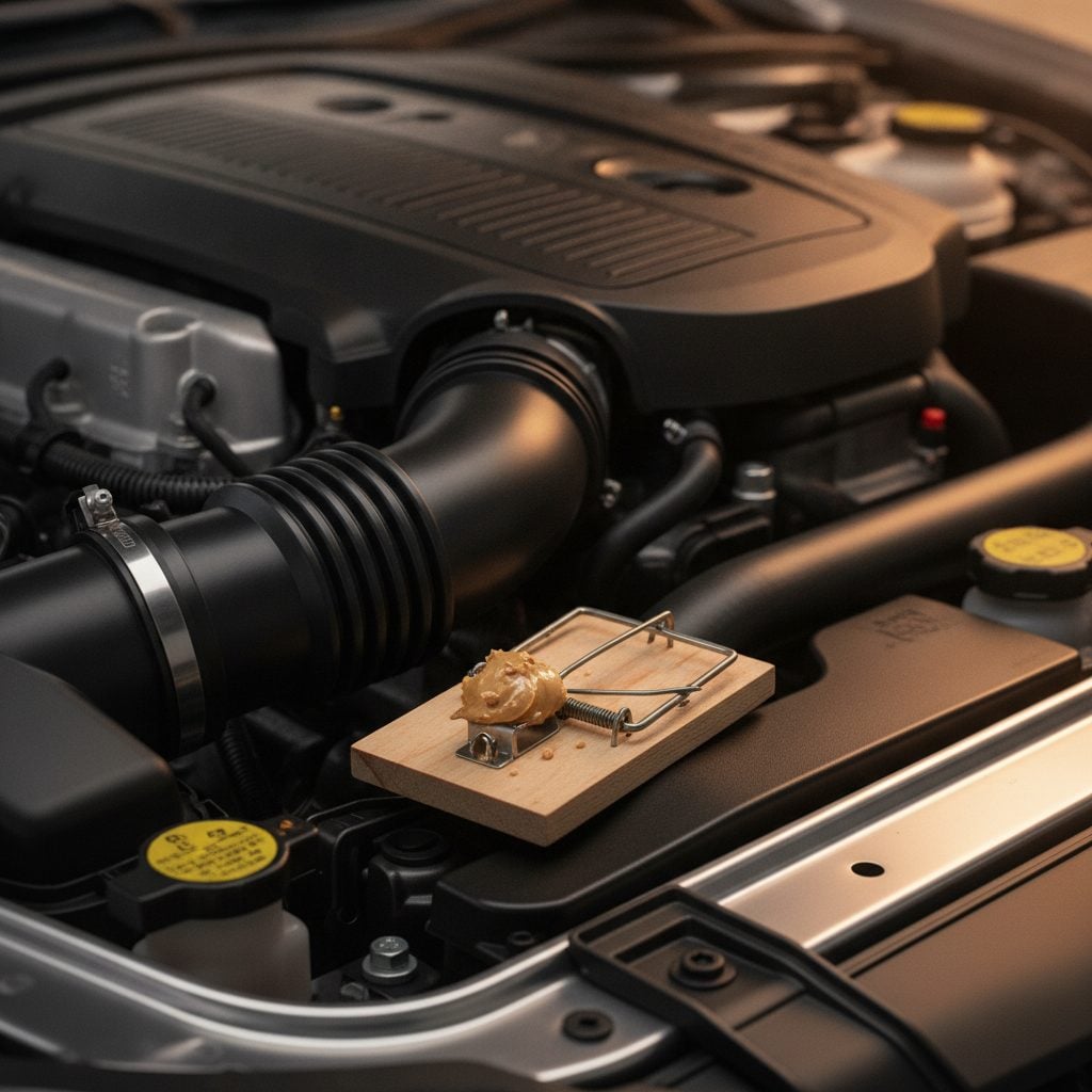 Small snap trap baited with peanut butter inside a clean car engine bay near the air intake in warm garage light.