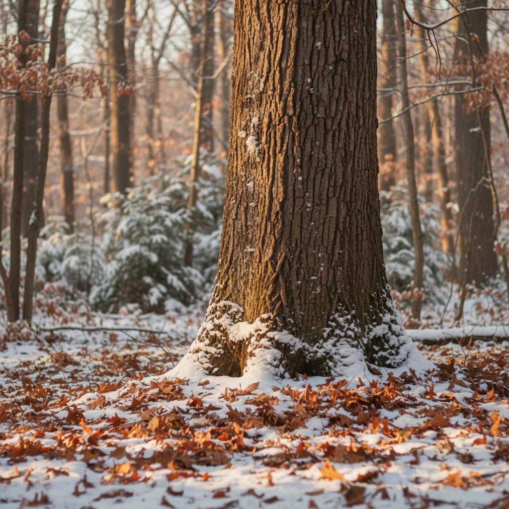 Oak tree trunk with leaf litter at the base in a snowy New England forest, prime habitat for snow fleas.