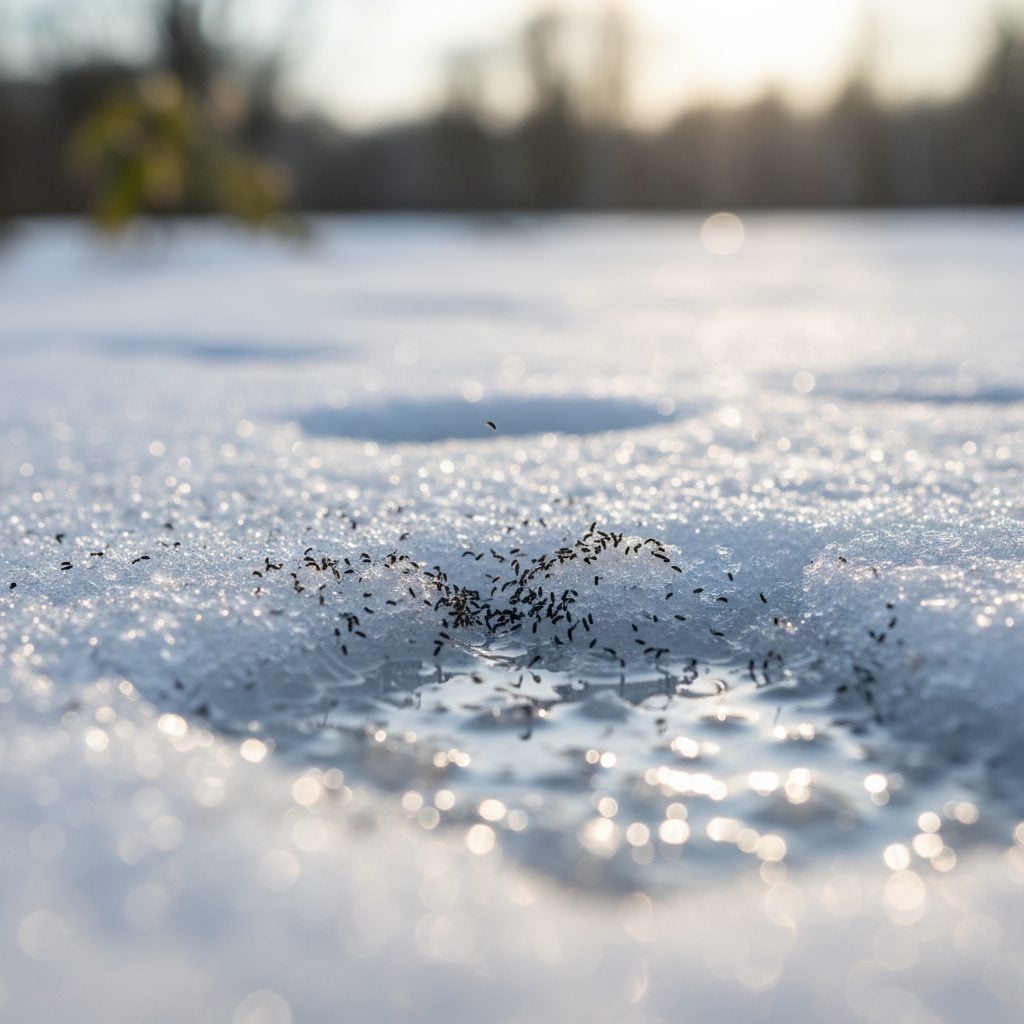 Macro view of tiny blue-black snow fleas hopping on a sunlit snow surface during a thaw, the harmless springtails that appear in late winter.