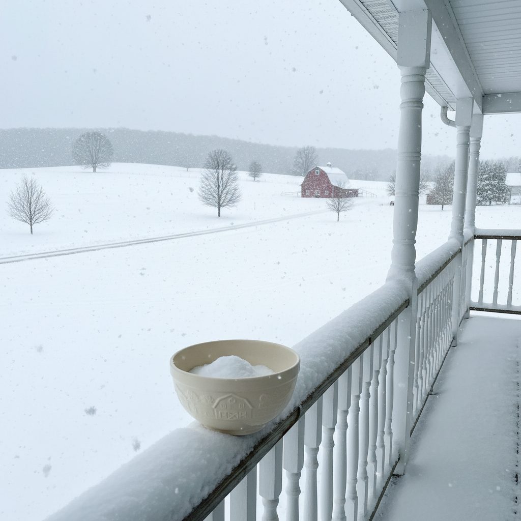 Clean ceramic mixing bowl on a porch railing catching fresh snowfall, the safe way to gather snow for the snow ice cream recipe.