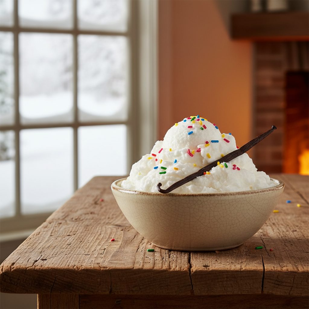 Bowl of fluffy snow ice cream topped with sprinkles on a wooden farmhouse table by a snowy window, the classic Southern snow ice cream recipe.
