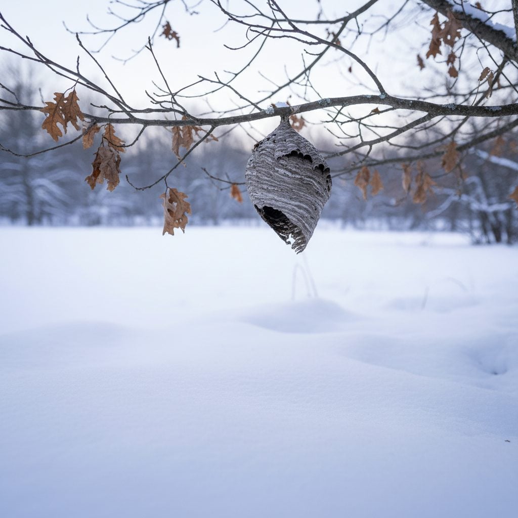 Empty hornet's nest hanging high on a bare branch above deep snow, the snow lore sign that high nests forecast deep snow.