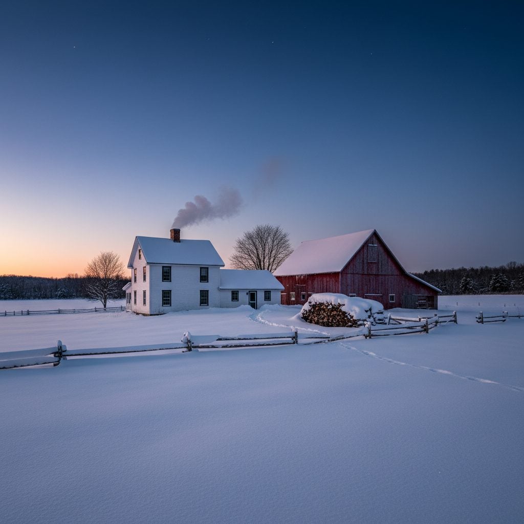 Snowy New England farm at dusk with deep drifts and smoke from the chimney, evoking centuries of snow lore.