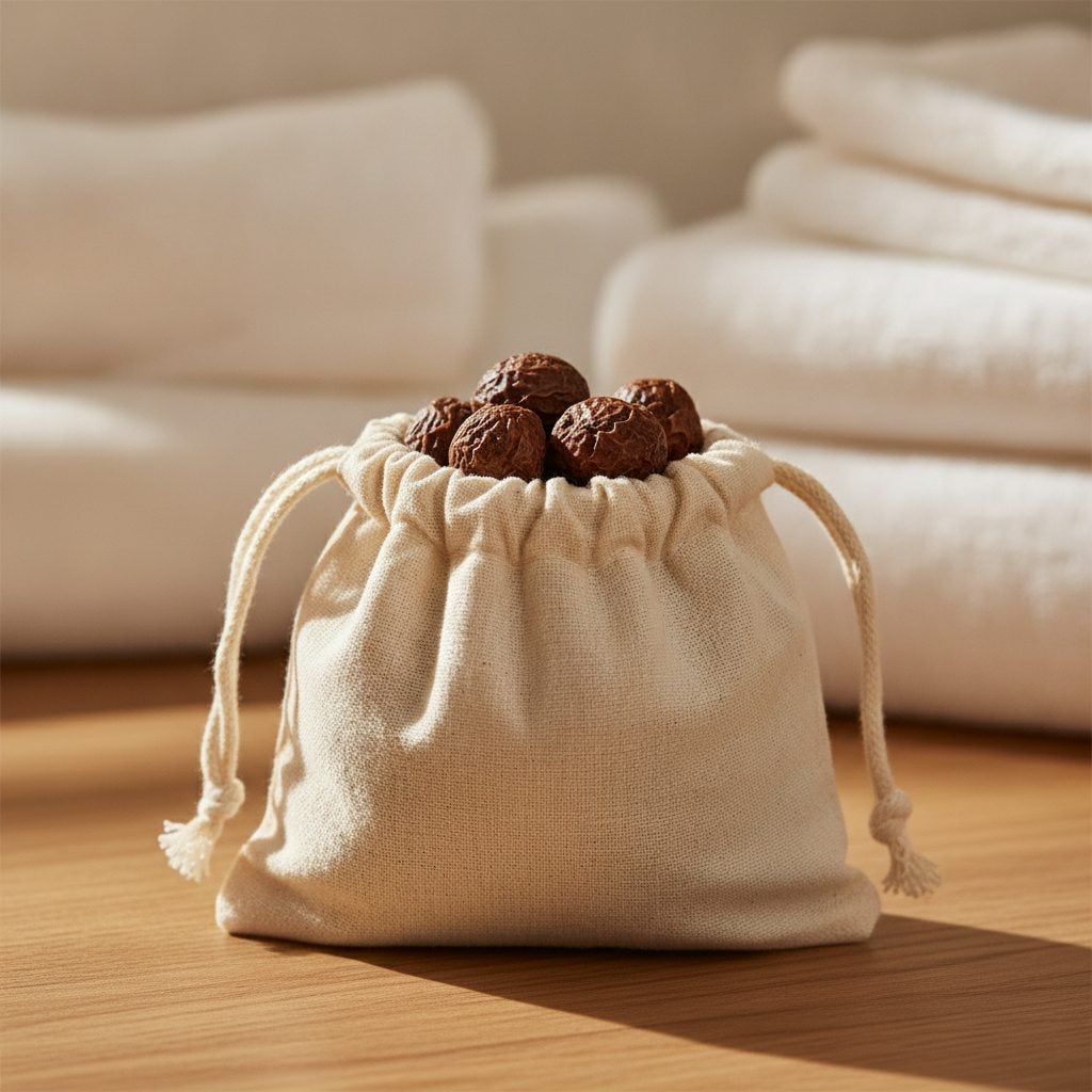 Small cotton drawstring bag of dried brown soap nuts on a sunny laundry counter with folded white laundry in the background in soft morning light.