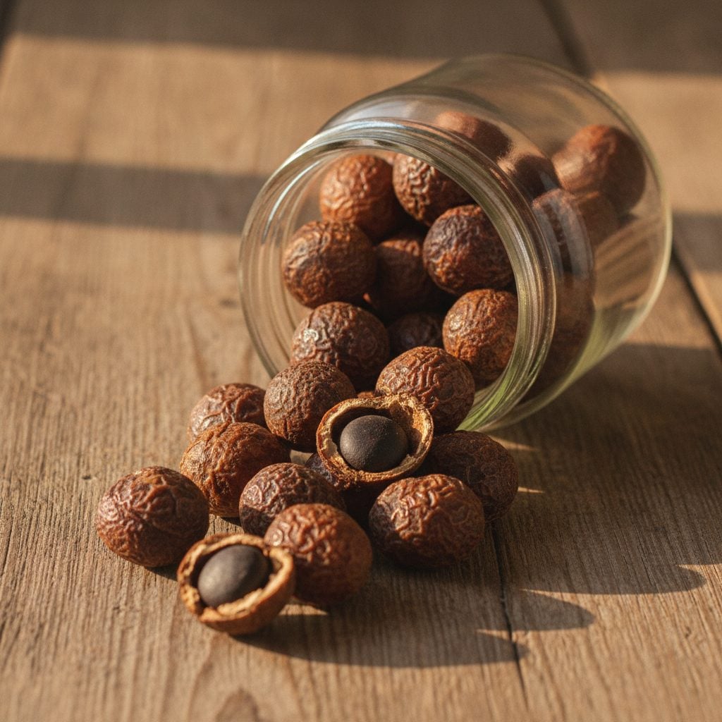 Cluster of dried brown soap nuts spilling from a glass jar onto a wooden countertop with a few cracked open showing seed inside.