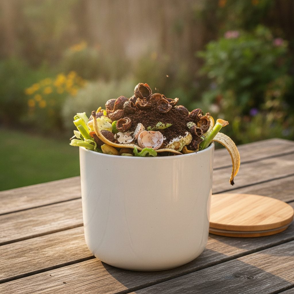 Small white compost bin with spent soap nut shells on top of vegetable scraps, banana peels, and coffee grounds in a sunny backyard.