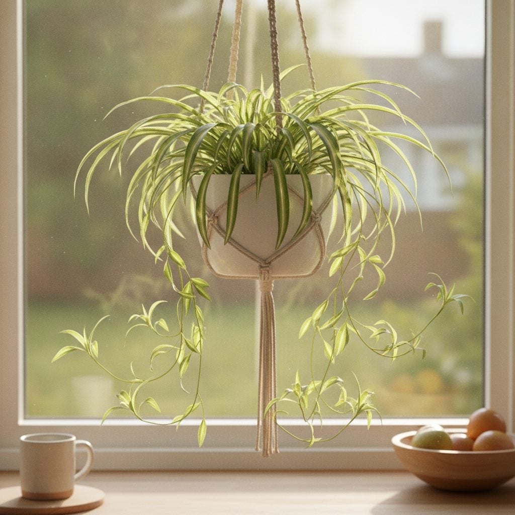 Spider plant with cascading offshoot babies in a white hanging basket beside a sunny kitchen window in soft morning light.