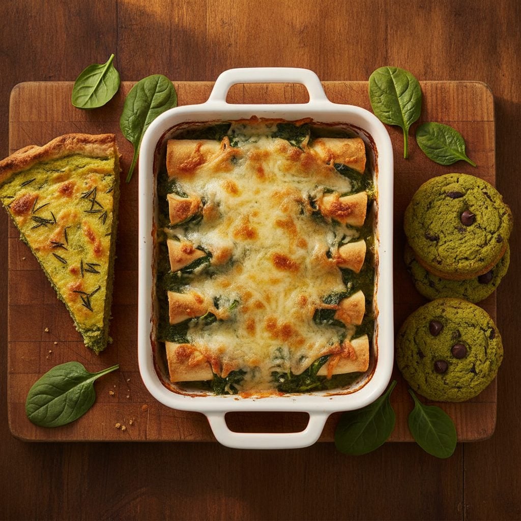 Three spinach recipes: spinach enchiladas spinach polenta pie and tropical green chocolate chip cookies