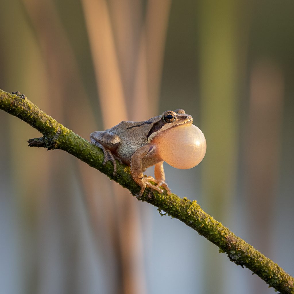 A close-up of a tiny tan-brown spring peeper frog on a moss-covered twig with vocal sac fully inflated, the dark X clearly visible on its back, swamp behind
