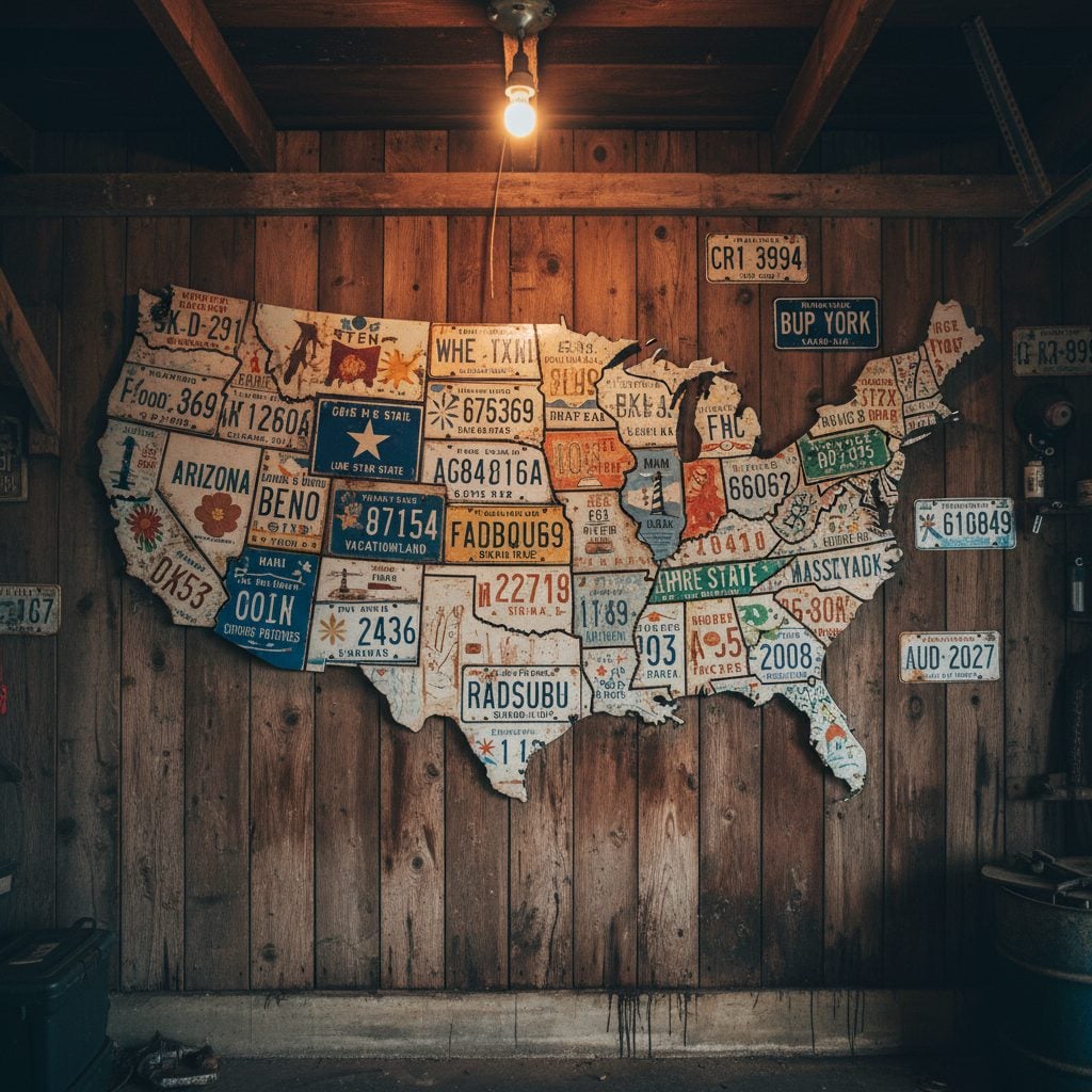 Vintage American state license plates collage on a wooden garage wall showing many state slogans like Lone Star State, Sunshine State, Golden State, Empire State