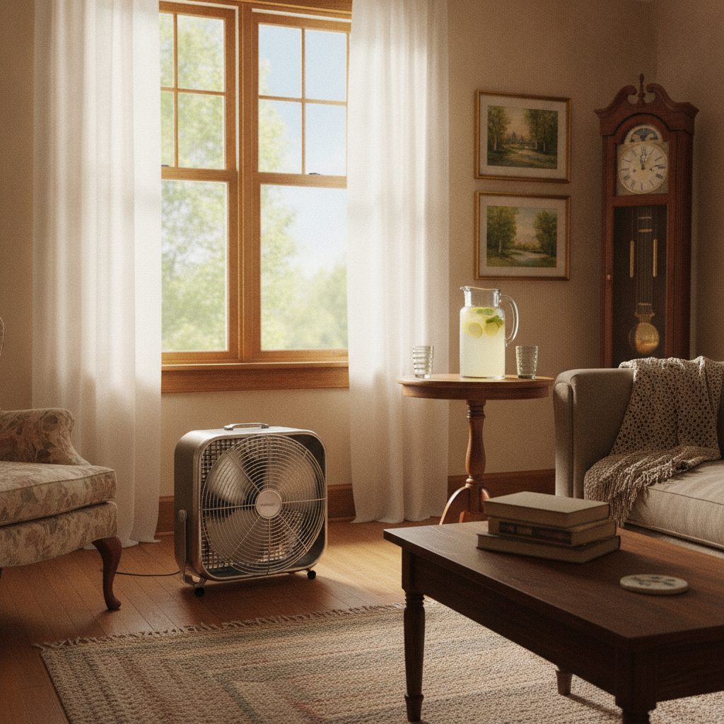 A box fan, drawn curtains, and a pitcher of iced lemonade in a sunny home, simple ways to stay cool without air conditioning in summer