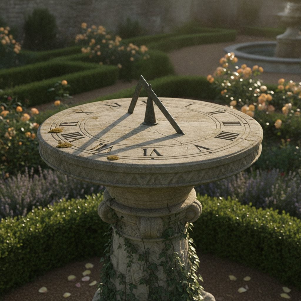 Classic stone garden sundial casting a clear shadow on its calibrated dial face in a sunny formal garden in afternoon light.