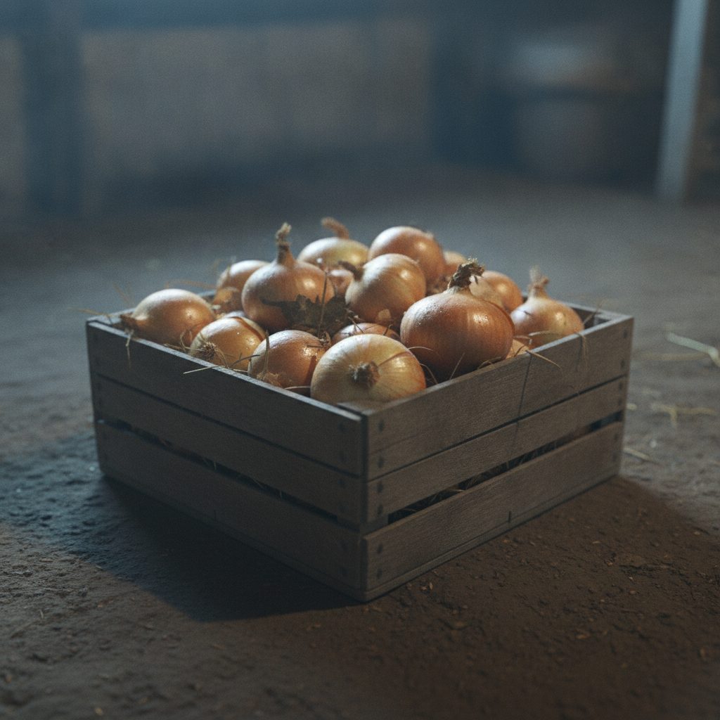 Wooden crate of stored yellow onions in a cool basement on a dirt floor in soft cool winter light.