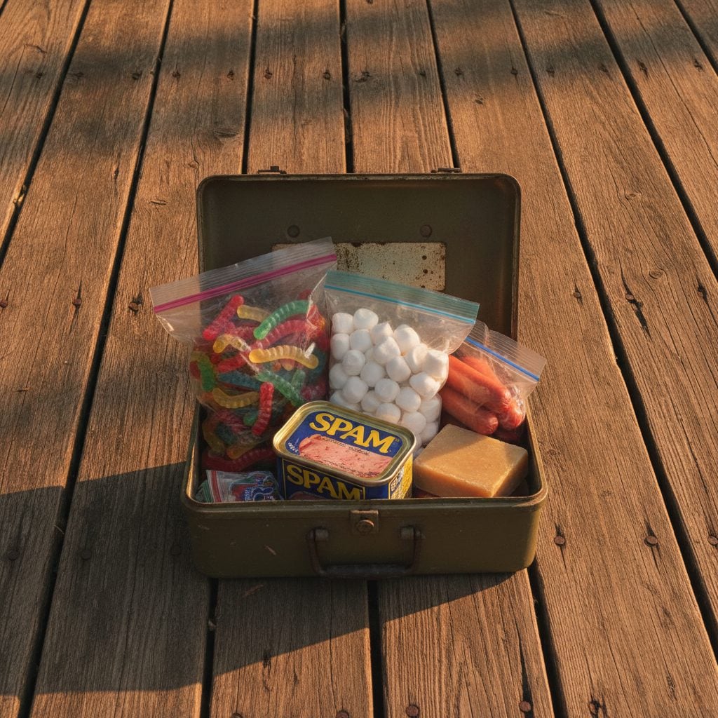 Wooden dock with a fishing tackle box open showing gummy worms, marshmallows, SPAM, hot dogs, and soap as unconventional baits in late afternoon lake light.