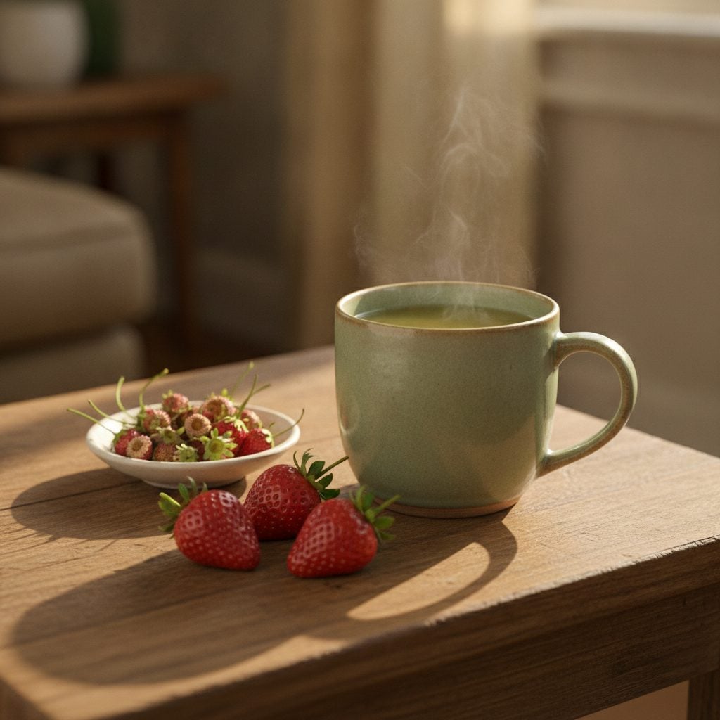 Ceramic mug of pale green strawberry-leaf tea beside a small dish of dried strawberry tops and fresh strawberries on a wooden table.