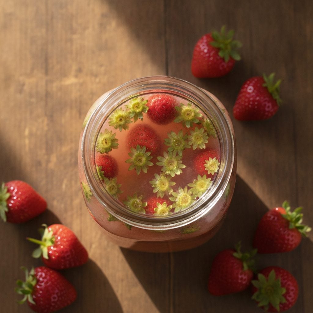Glass jar of bright pink strawberry-top vinegar steeping with fresh strawberries and green tops on a rustic wooden kitchen counter.