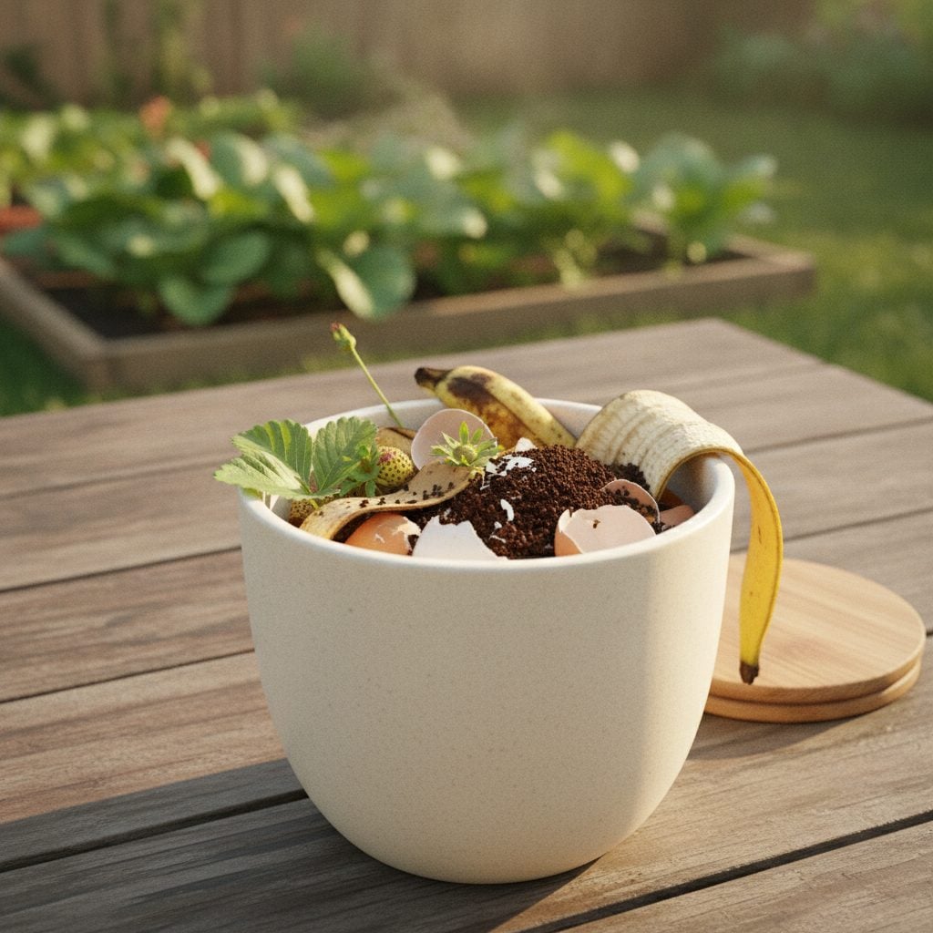 Small white compost bin with strawberry tops, banana peels, eggshells, and coffee grounds in a sunny backyard garden.