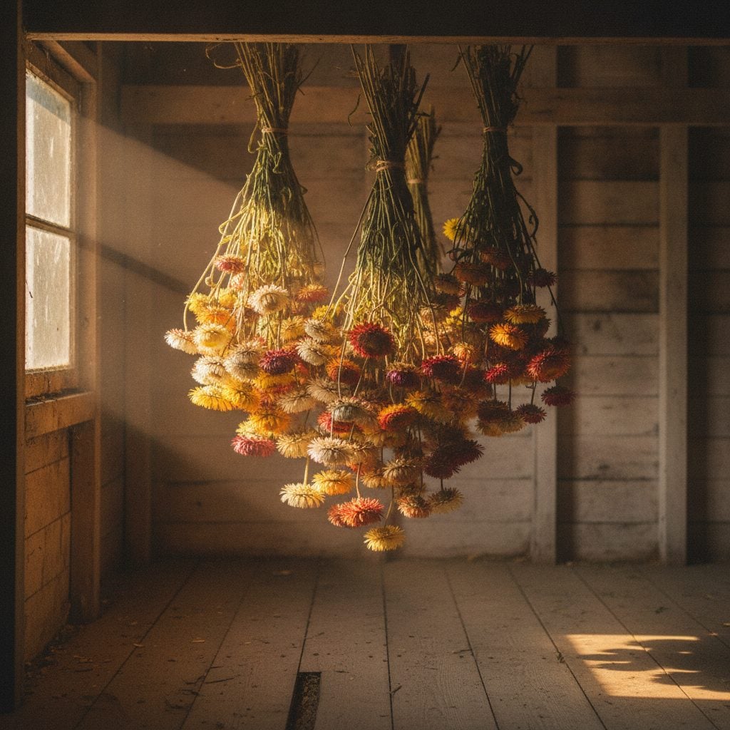 Bundles of cut strawflowers hanging upside down to dry in a warm attic with afternoon light filtering through a small window.