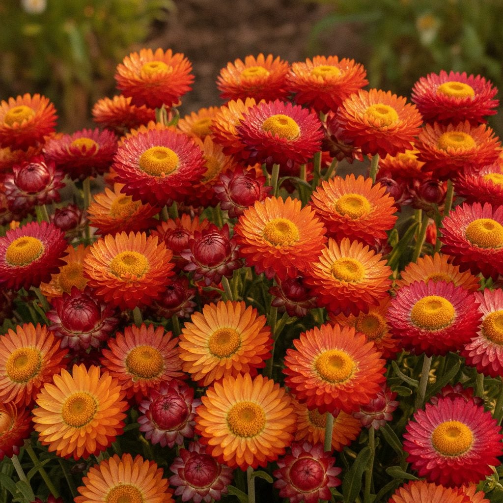 Bright vibrant orange, yellow, pink, and red strawflowers (Xerochrysum bracteatum) blooming in a sunny summer garden bed in warm afternoon light.